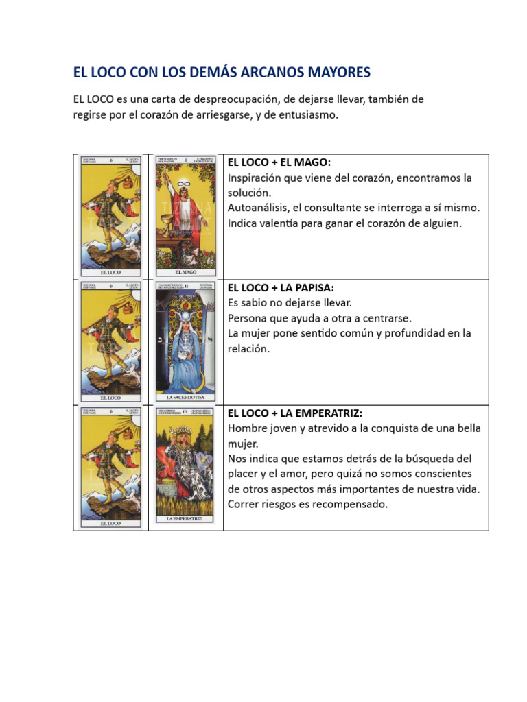 Combinaciones El Loco Con Arcanos Mayores Pdf Amor