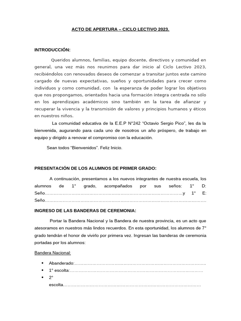Glosas Acto Inicio Ciclo Lectivo 2023 | PDF