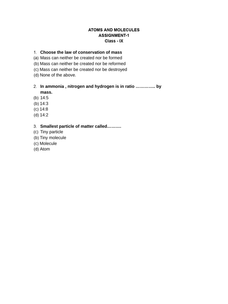 Atoms+and+Molecules+L 1+ +assignment+ | PDF