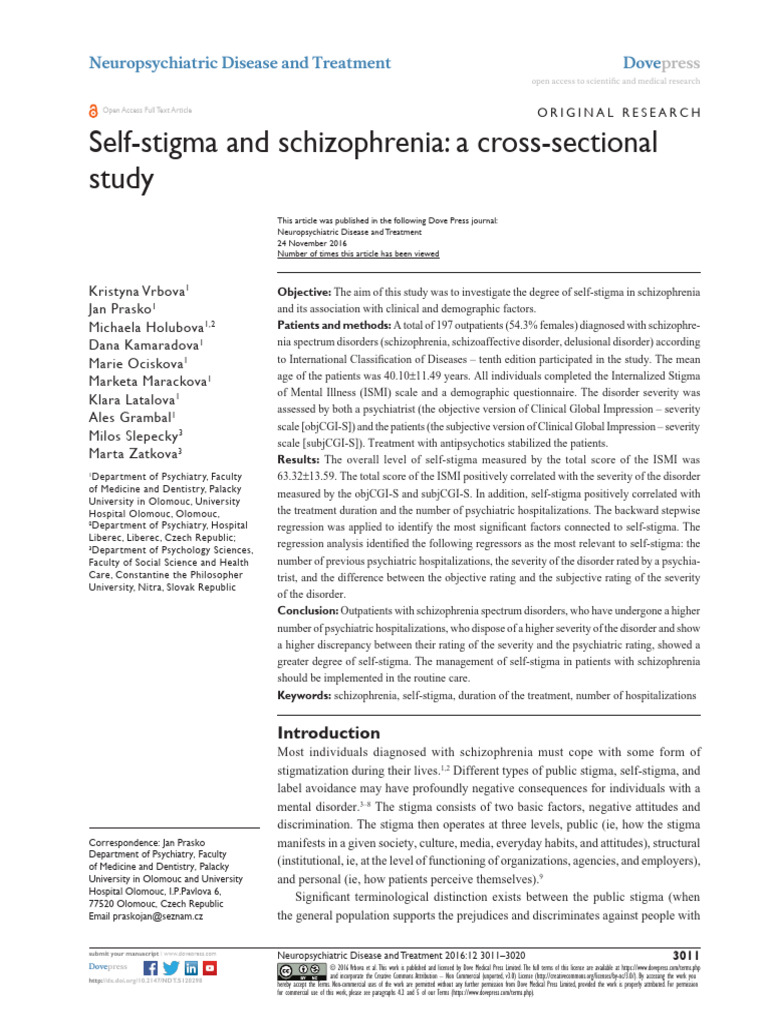 Self Stigma and Schizophrenia - A Cross Sectional Study - 112416 | PDF ...