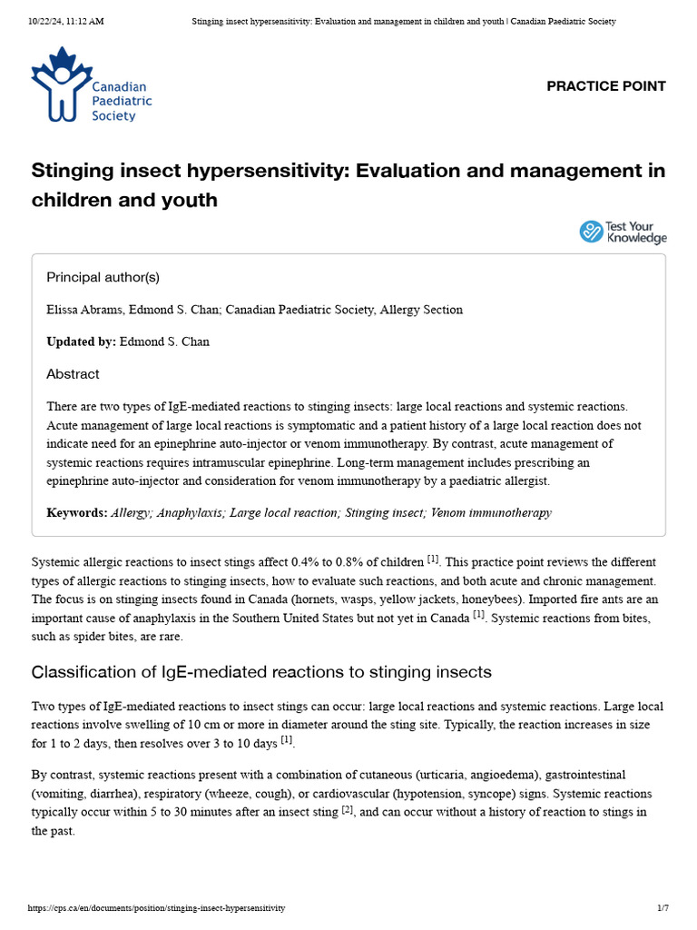Stinging Insect Allergy Management in Kids | PDF | Allergy | Clinical ...
