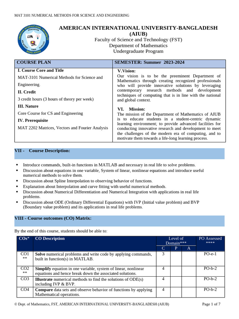 MAT 3101 Numerical Methods For Science and Engineering (Summer - 23-24 ...