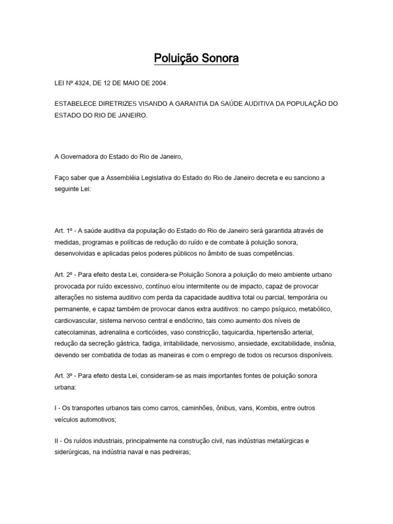 Lei 4324: Diretrizes de Poluição Sonora | PDF