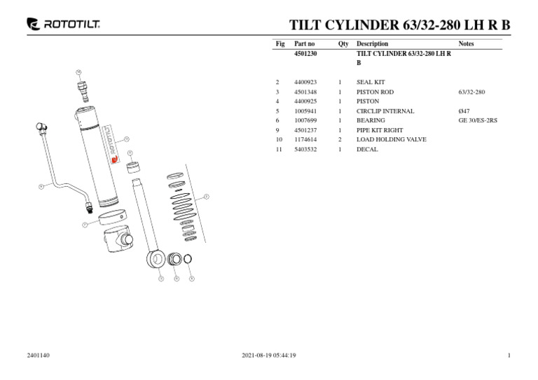 Tilt Cylinder 63/32-280 Parts List | PDF