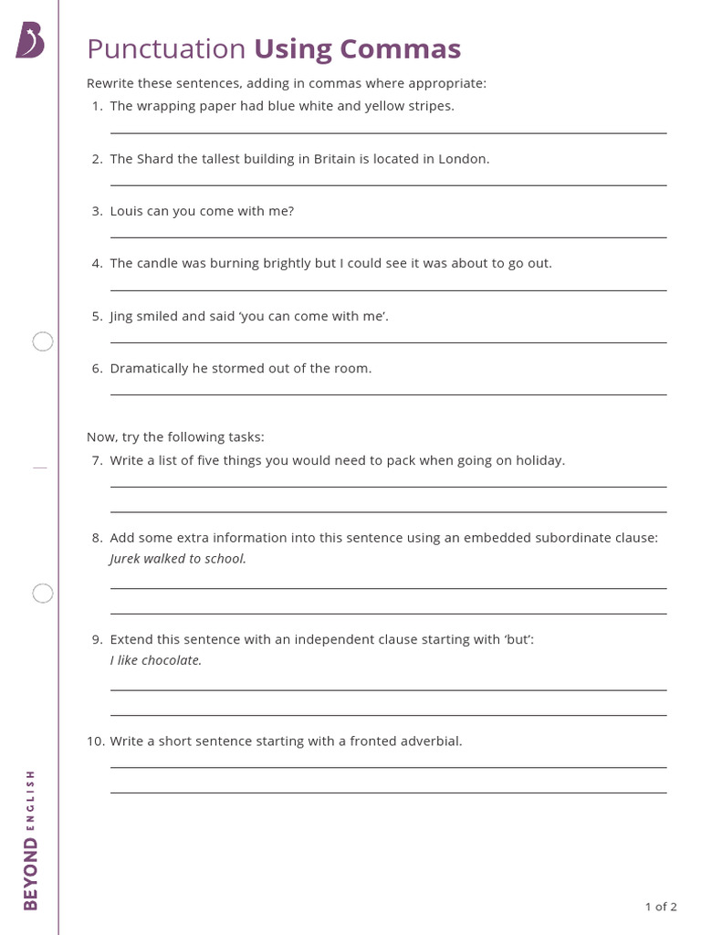 KS3 English: Comma Usage Practice | PDF