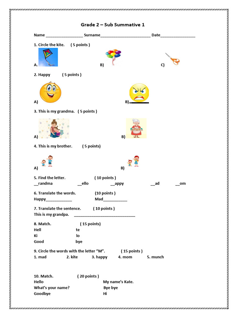 Grade 2 Language Assessment Worksheet | PDF