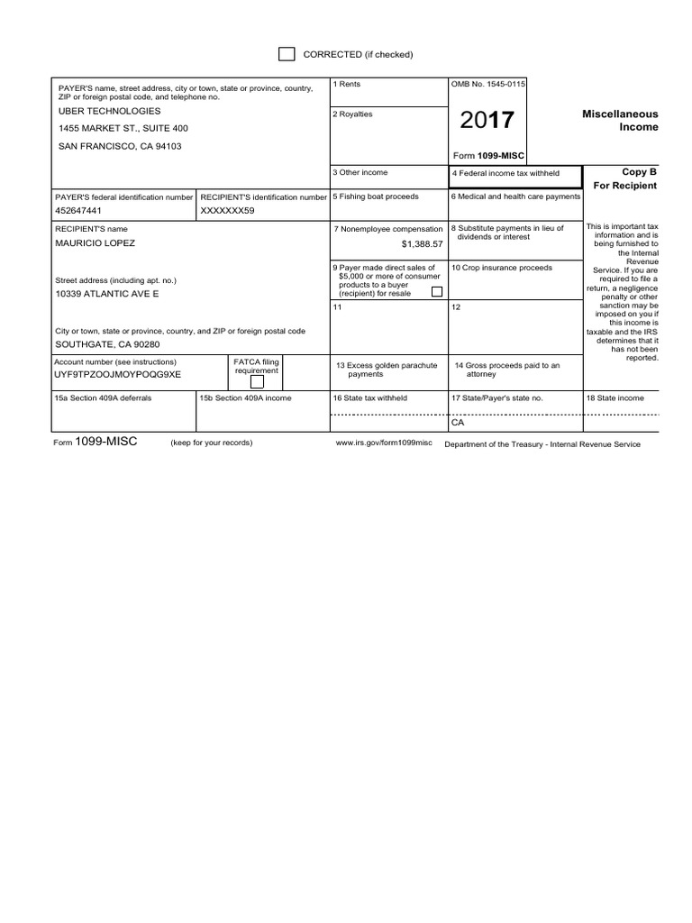 2017 Uber 1099-MISC | PDF | Irs Tax Forms | Taxes