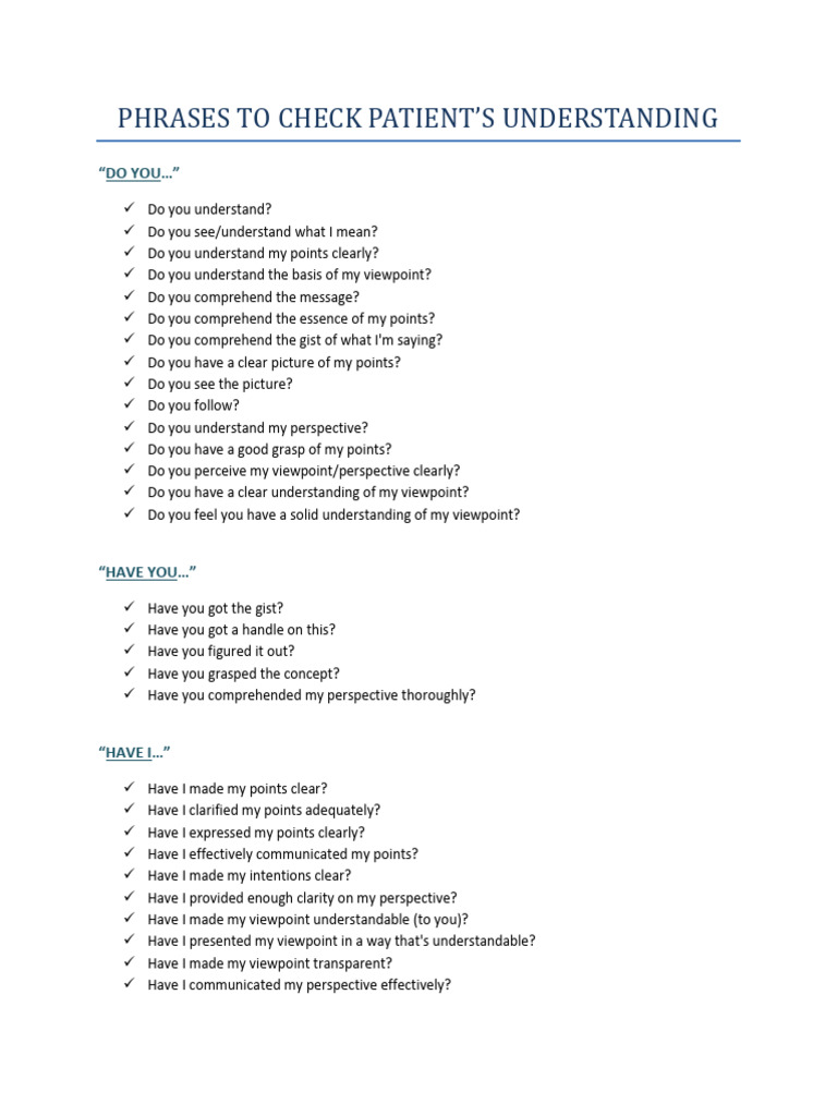 Patient Understanding Check Phrases | PDF | Cognition | Cognitive Science