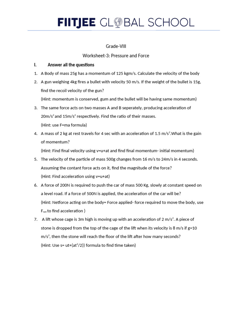 Grade 8 Physics: Force & Pressure Worksheet | PDF