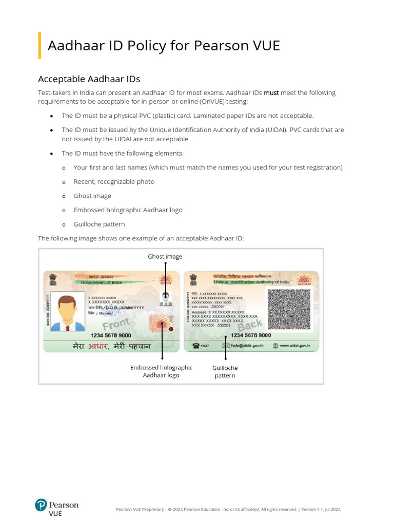 Aadhaar ID Policy for Pearson VUE | PDF