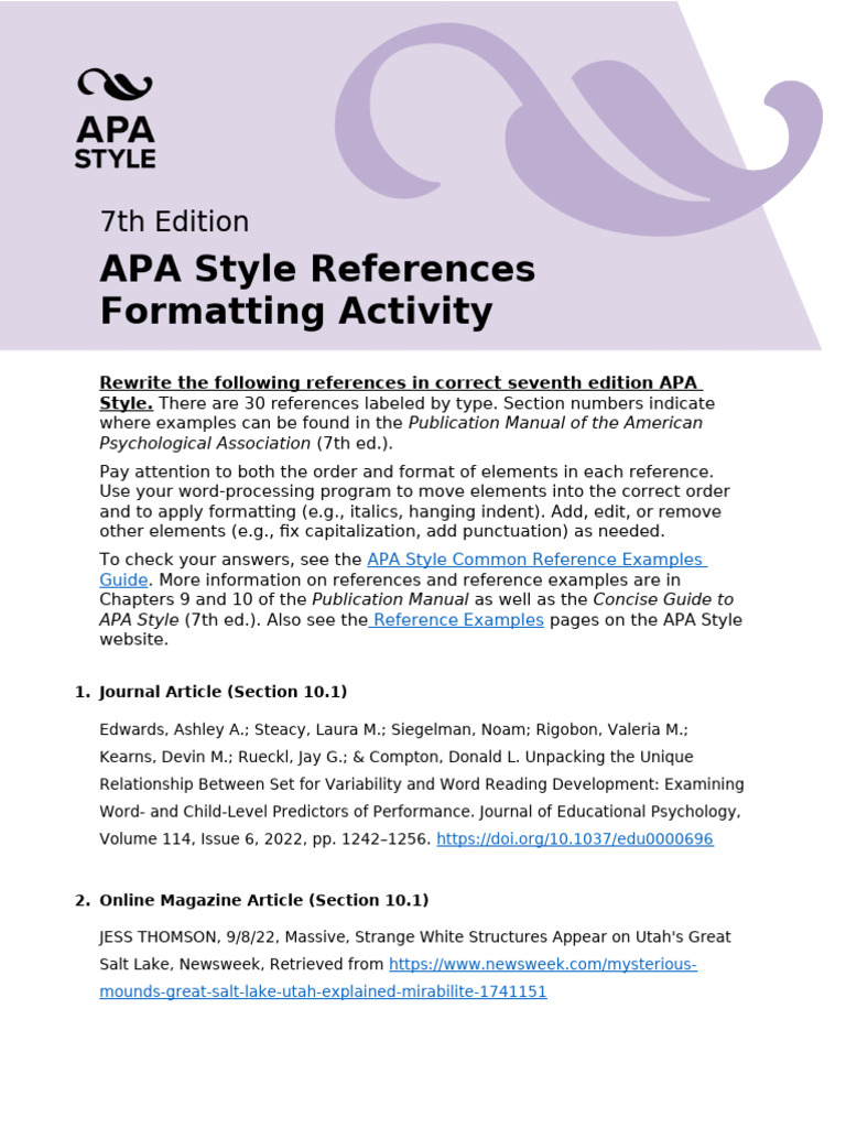 7TH EDITION APA STYLE REFERENCES FORMATTING ACTIVITY visual data 4