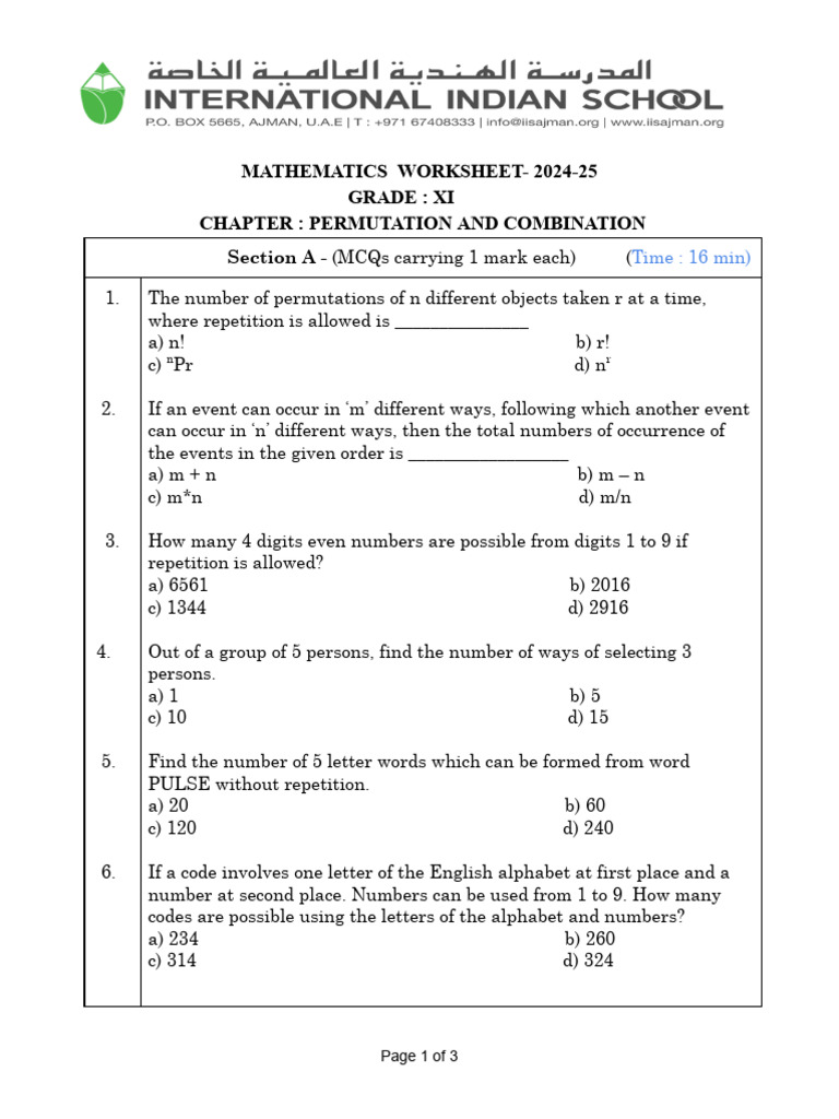 _Worksheet XI_Permutation and Combination PDF Linguistics