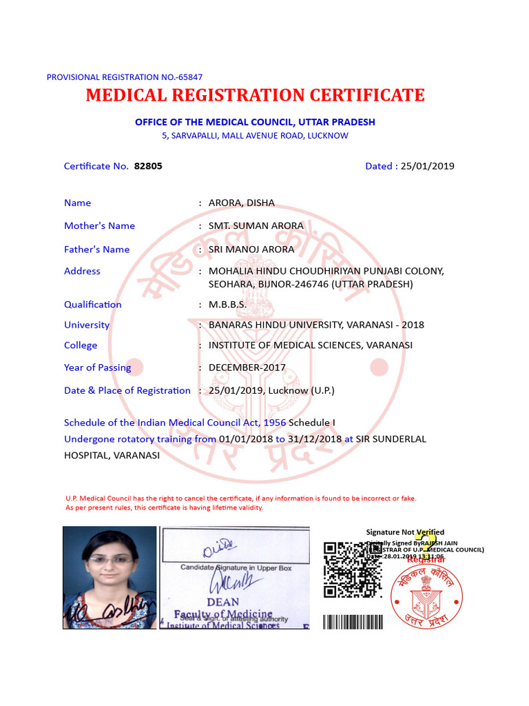 Medical Registration Certificate: Office of The Medical Council, Uttar ...