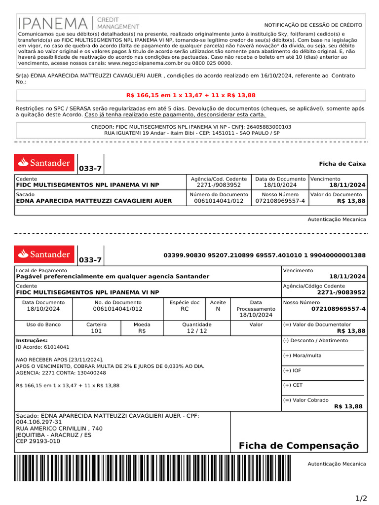 R$ 166,15 em 1 X 13,47 + 11 X R$ 13,88: Ficha de Compensação | PDF ...
