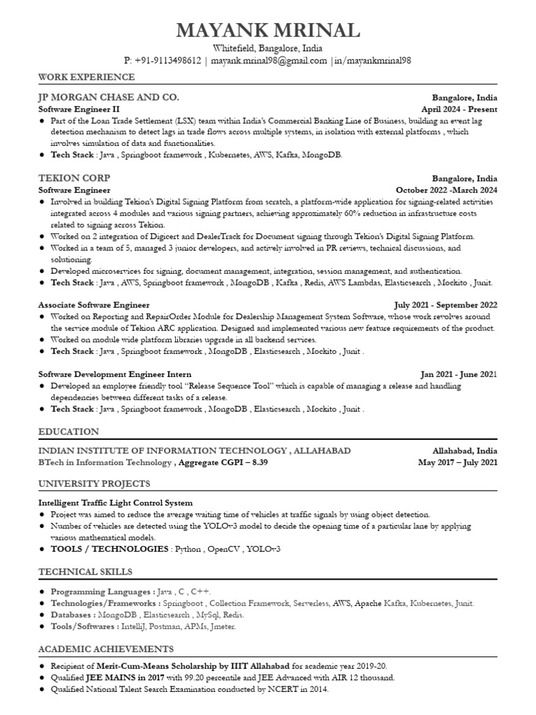 Software Engineer Resume - Mayank Mrinal | PDF | Software Development ...