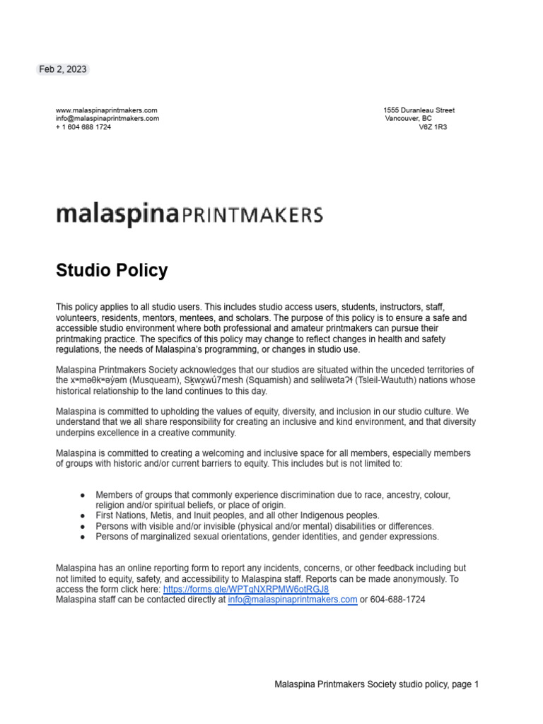 Malaspina Studio Policy - Updated 02 - 02 - 2023 | PDF | Etching ...
