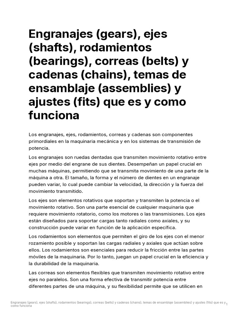 Engranajes (Gears) Ejes (Shafts) Rodamientos (Bearings) Correas (Belts ...