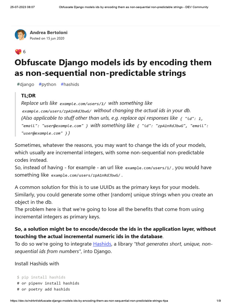 Obfuscate django models ids by encoding them as non sequential non