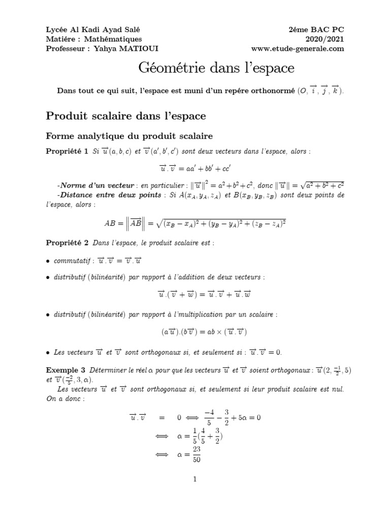 Géométrie dans l'Espace - 2ème BAC PC | PDF | Scalaire (mathématiques ...