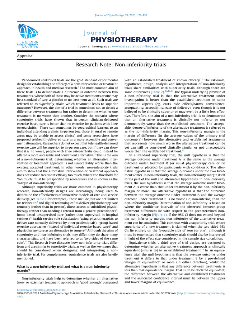 Research Note Non Inferiority Trials - 2023 - Journal of Physiotherapy ...