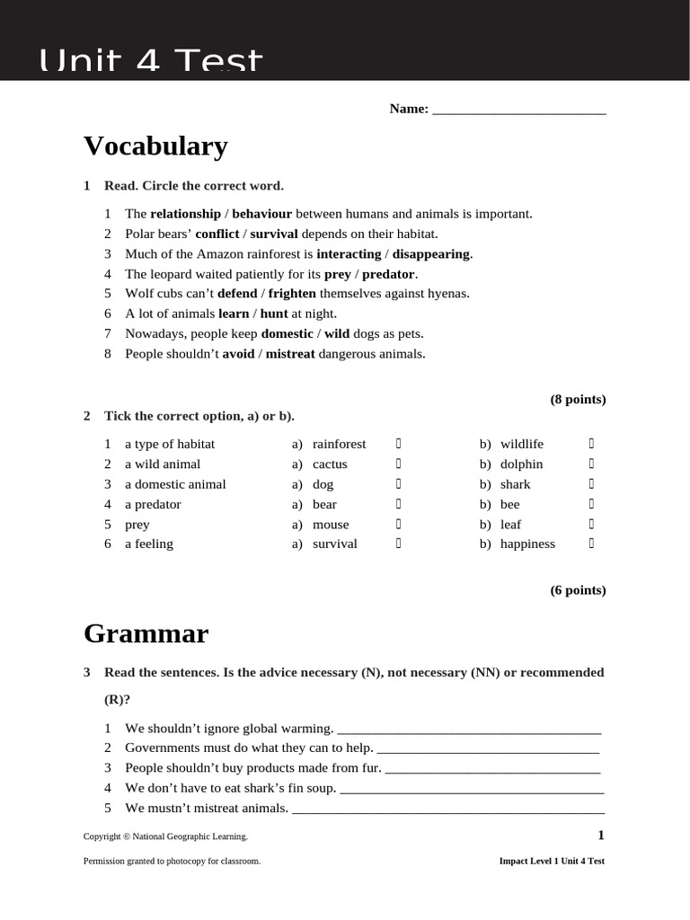Impact Level 1 Unit 4 Test 0 | PDF | Predation | Wildlife