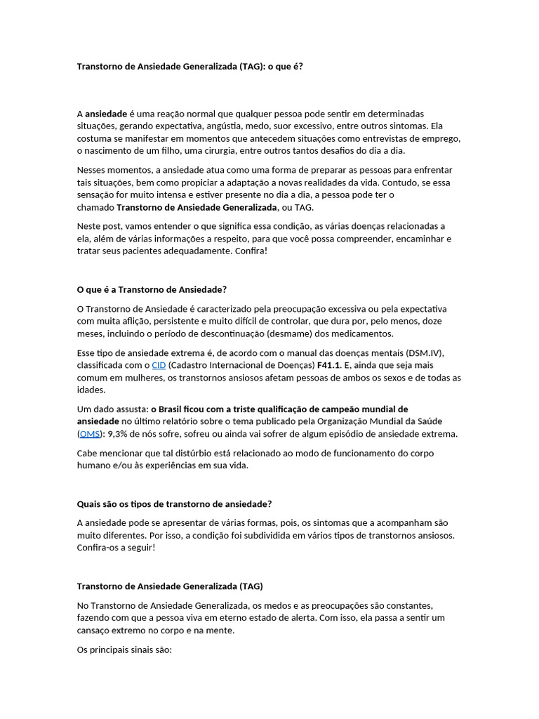 Entenda o Transtorno de Ansiedade Generalizada | PDF | Ansiedade ...