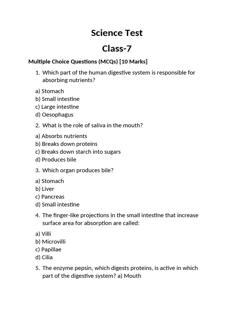 Class 7 Science Digestive System MCQs | PDF