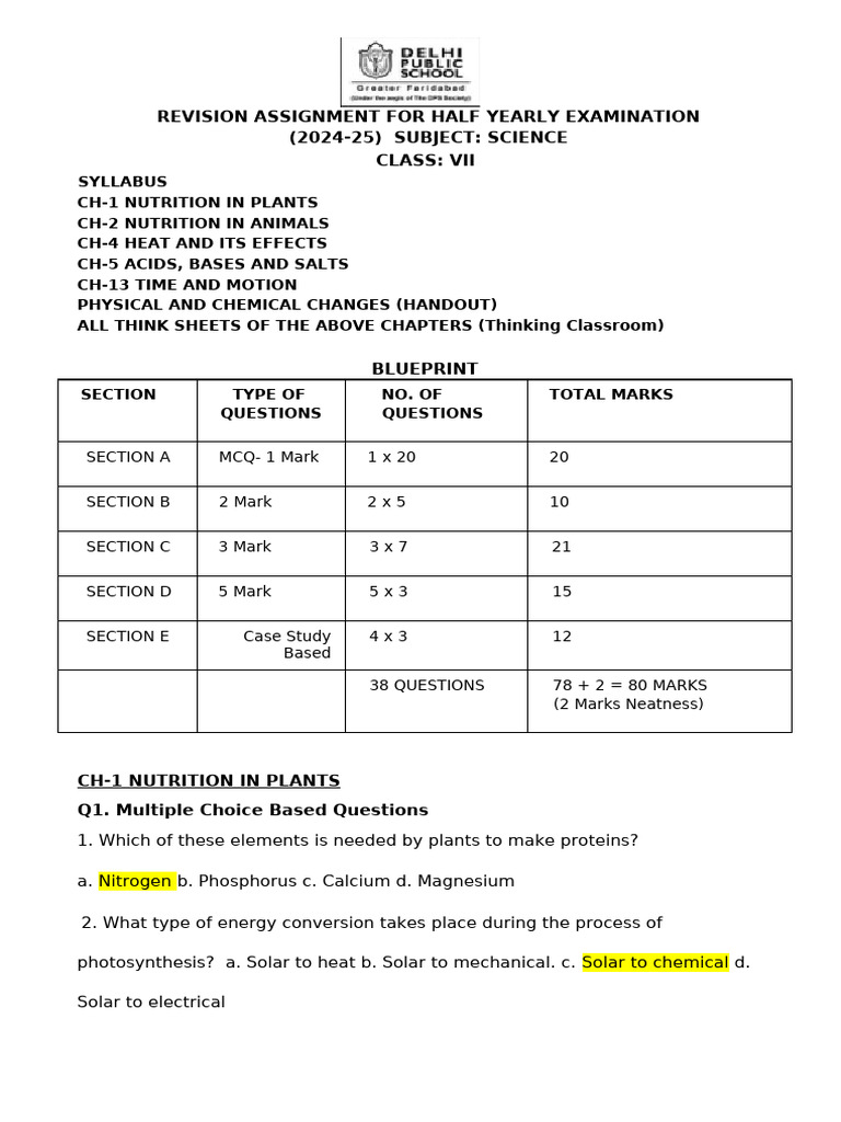 Science Revision Assignment for Class VII | PDF | Digestion | Stomach