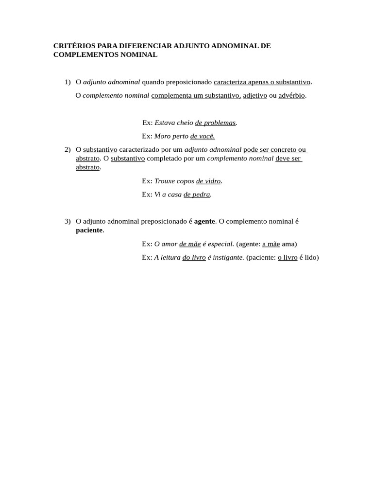 Diferença entre Adjunto Adnominal e Complemento Nominal | PDF