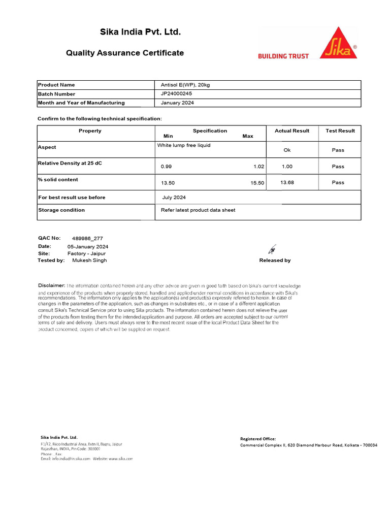 sika curing compund 20ltr MTC | PDF