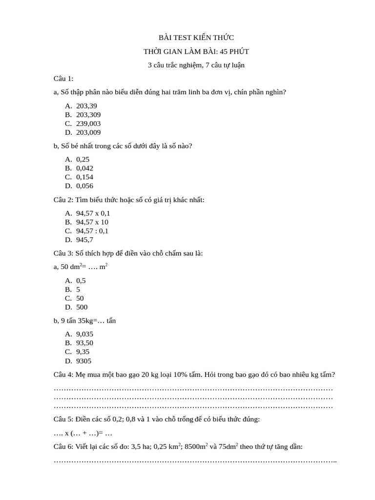 BÀI TEST KIẾN THỨC lớp 5 | PDF