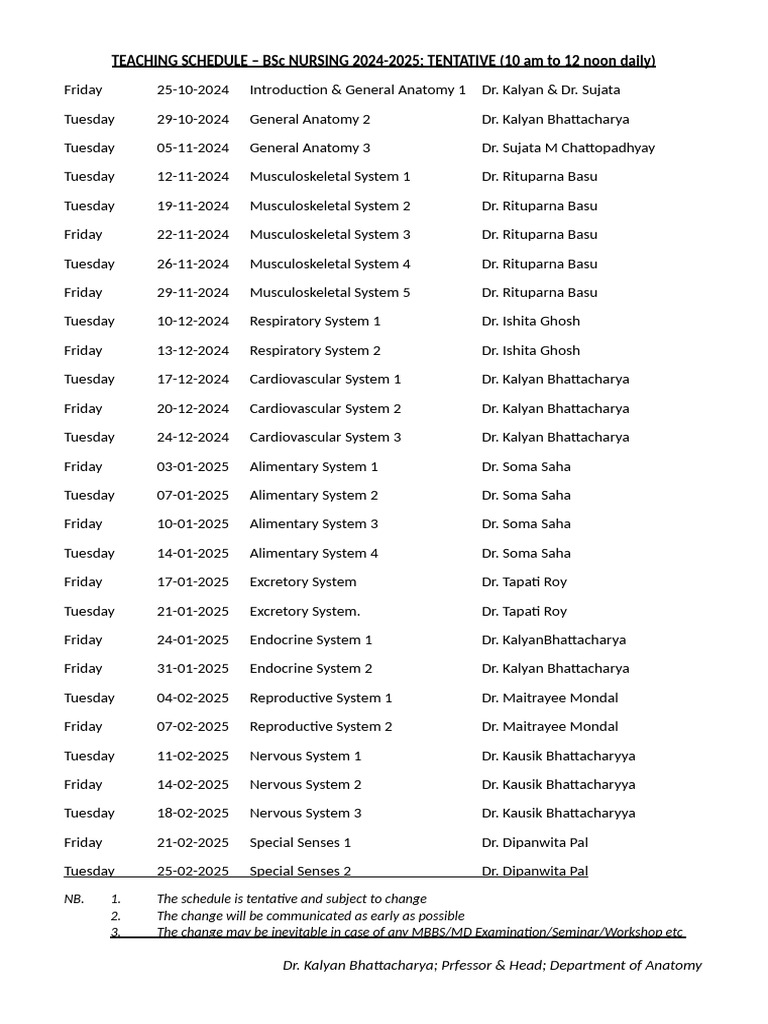 BSC Nursing 2024 Teaching Schedule | PDF | Anatomy | Zoology