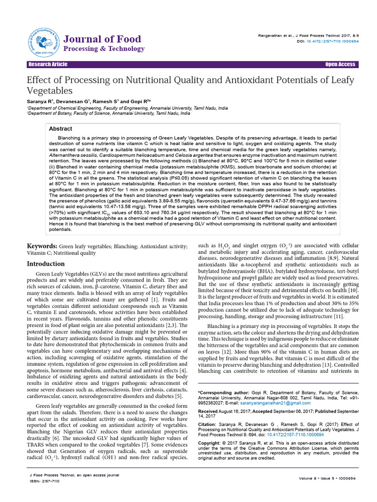 Effect of Processing On Nutritional Quality and Antioxidant Potentials ...
