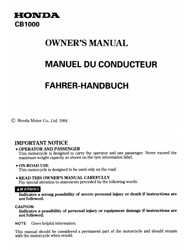 Honda CB1000 Owner's Manual 1994 | PDF | Vehicle Parts | Vehicles
