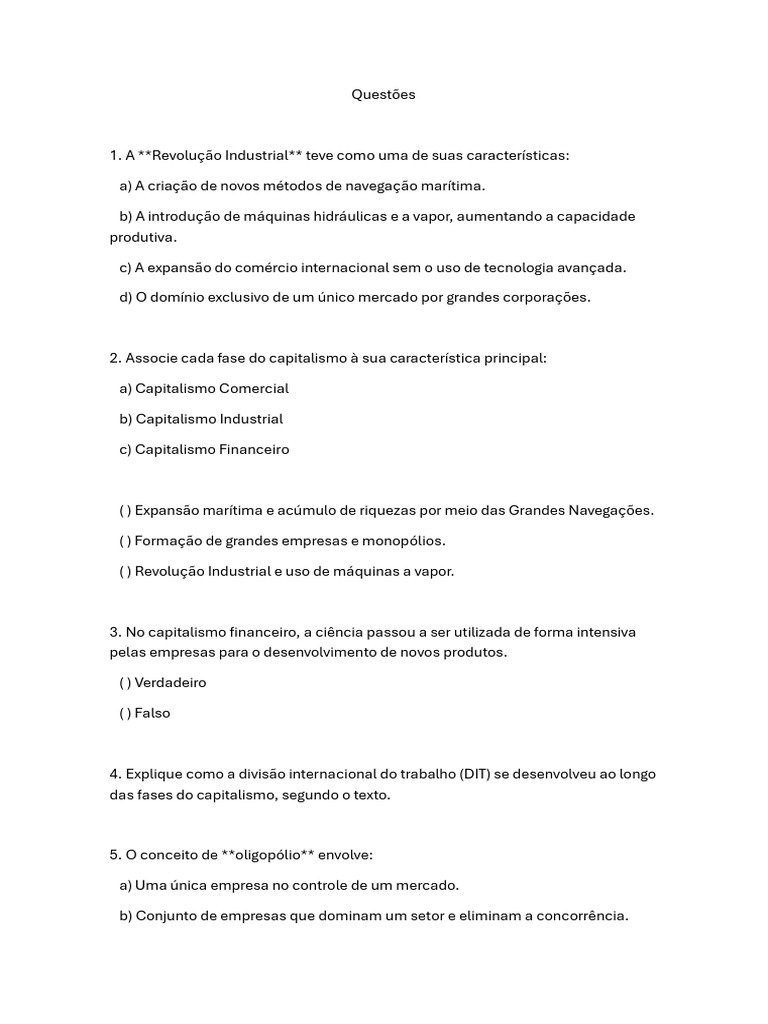 Questões sobre Fases do Capitalismo | PDF | Capitalismo | Monopólio