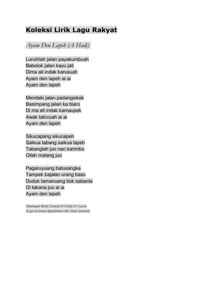 Koleksi Lirik Lagu Rakyat Pdf