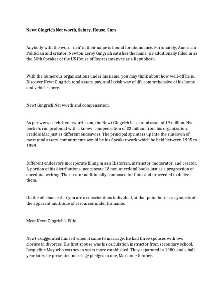 Newt Gingrich Net worth, Salary, House, Cars | PDF | Newt Gingrich