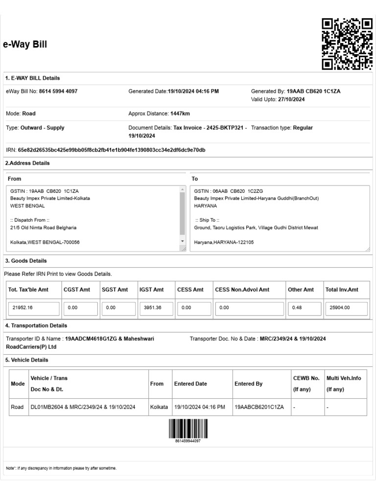 BKTP321 E-Way Bill-861459944097 | PDF