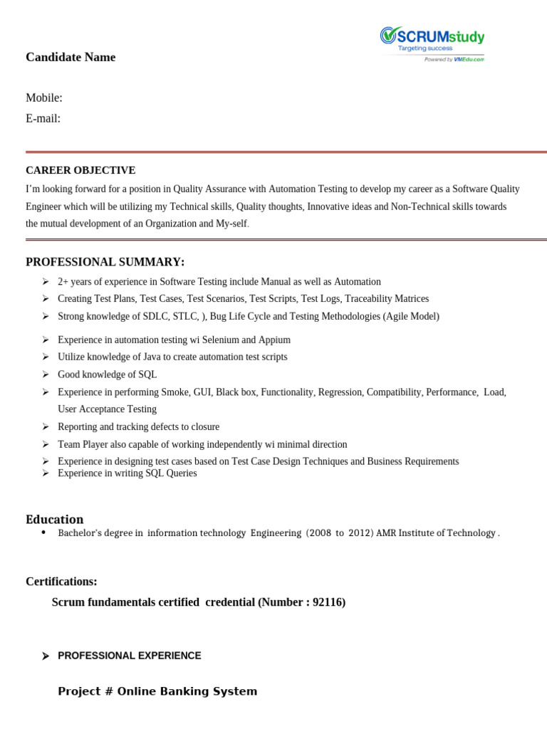 Automation Testing Resume: 2 Years Experience | PDF | Software ...