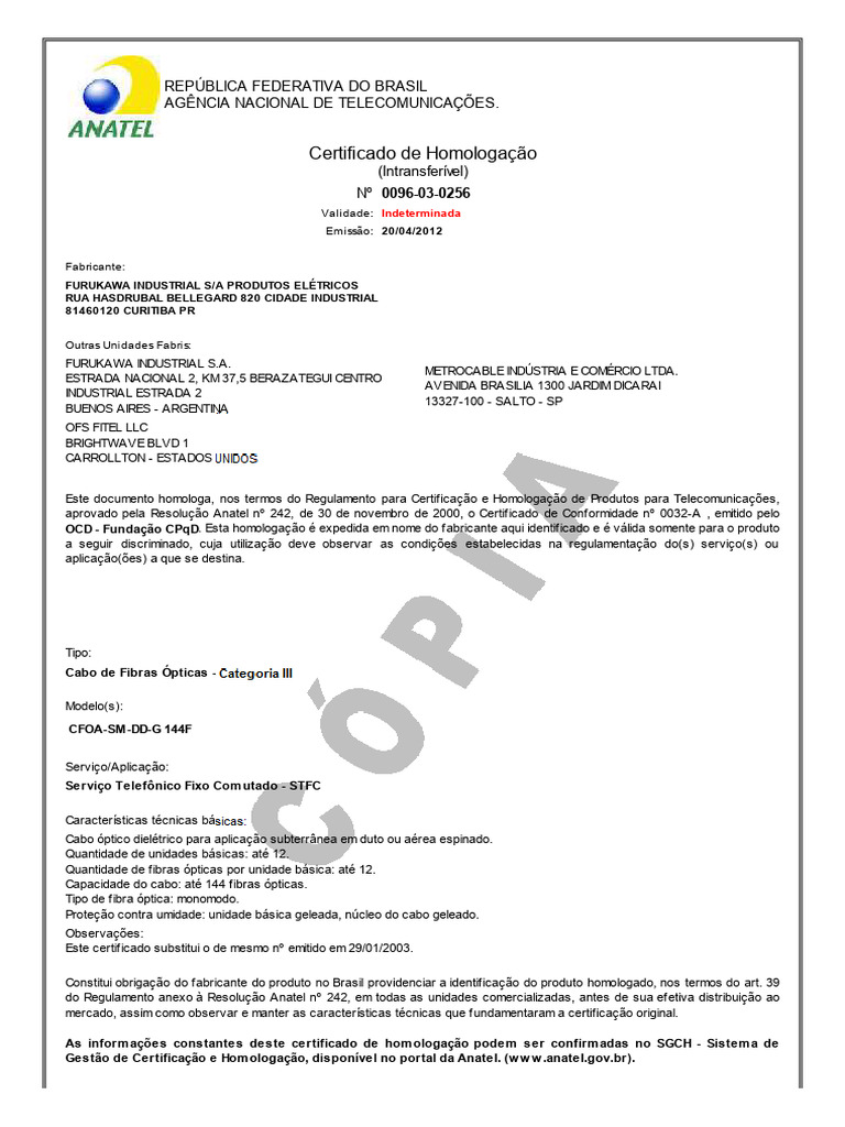 Certificado de Homologação CFOA Furukawa | PDF