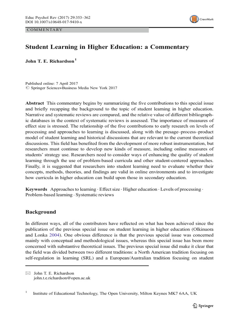 Student Learning in Higher Education - A Commentary | PDF | Learning ...