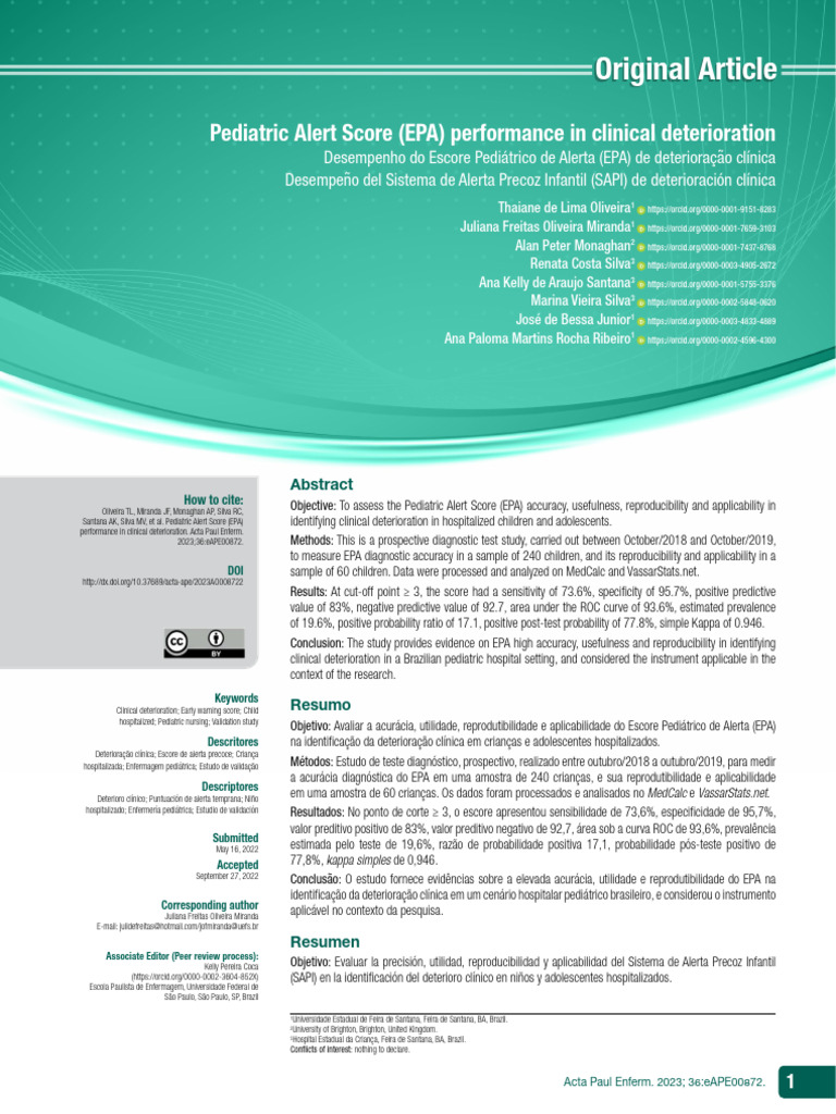 Pediatric Alert Score Evaluation | PDF | Sensitivity And Specificity ...
