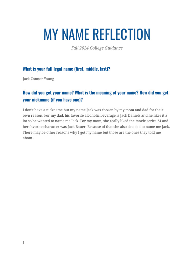 Jack Young - My Name Reflection | PDF