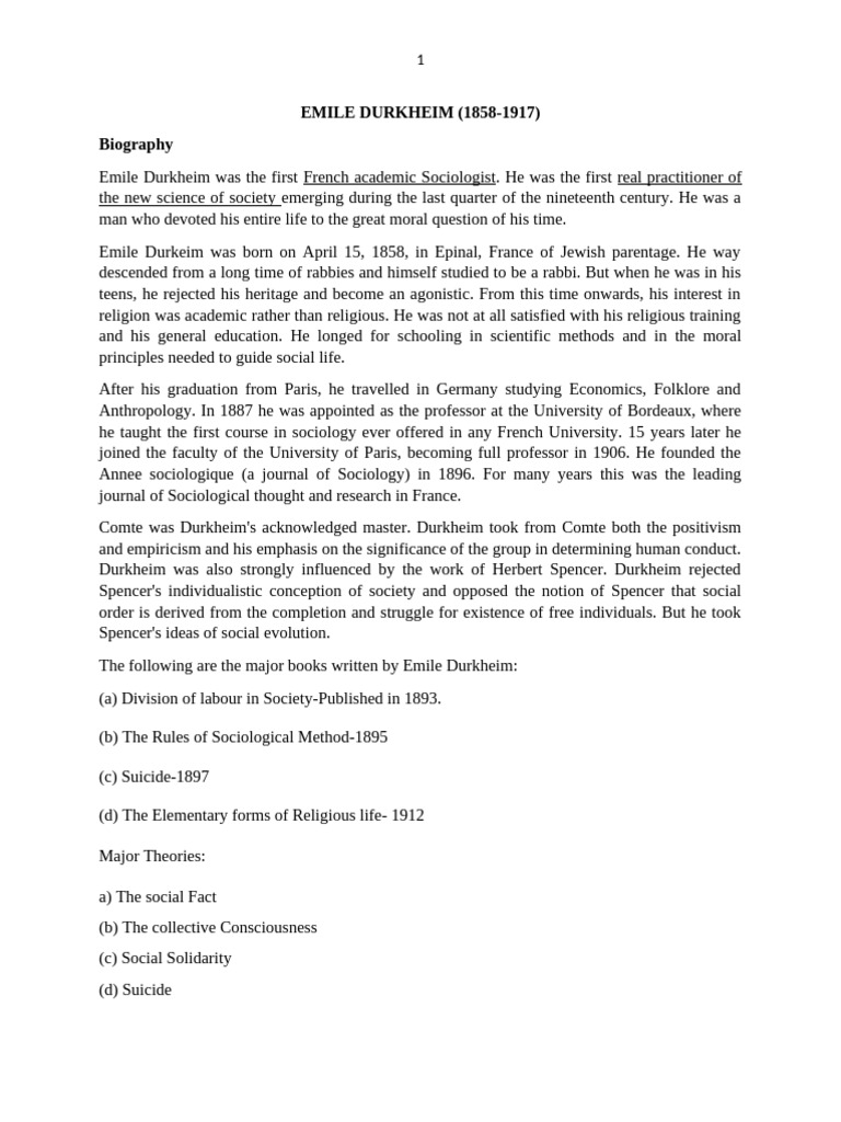 Emile Durkheim: Pioneer of Sociology | PDF