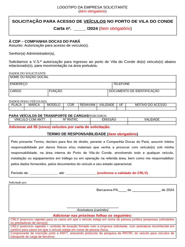 Modelo de Solicitação - Veículos - CDP | PDF