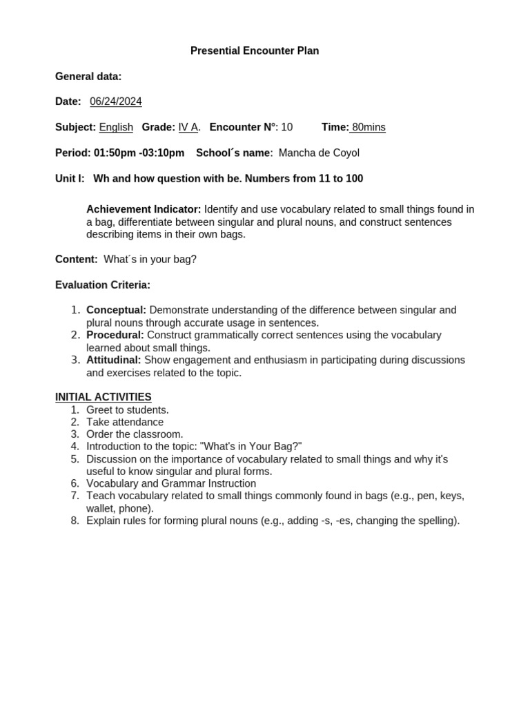 X English Lesson Plan IV Ciclo A | PDF | Grammatical Number | Plural