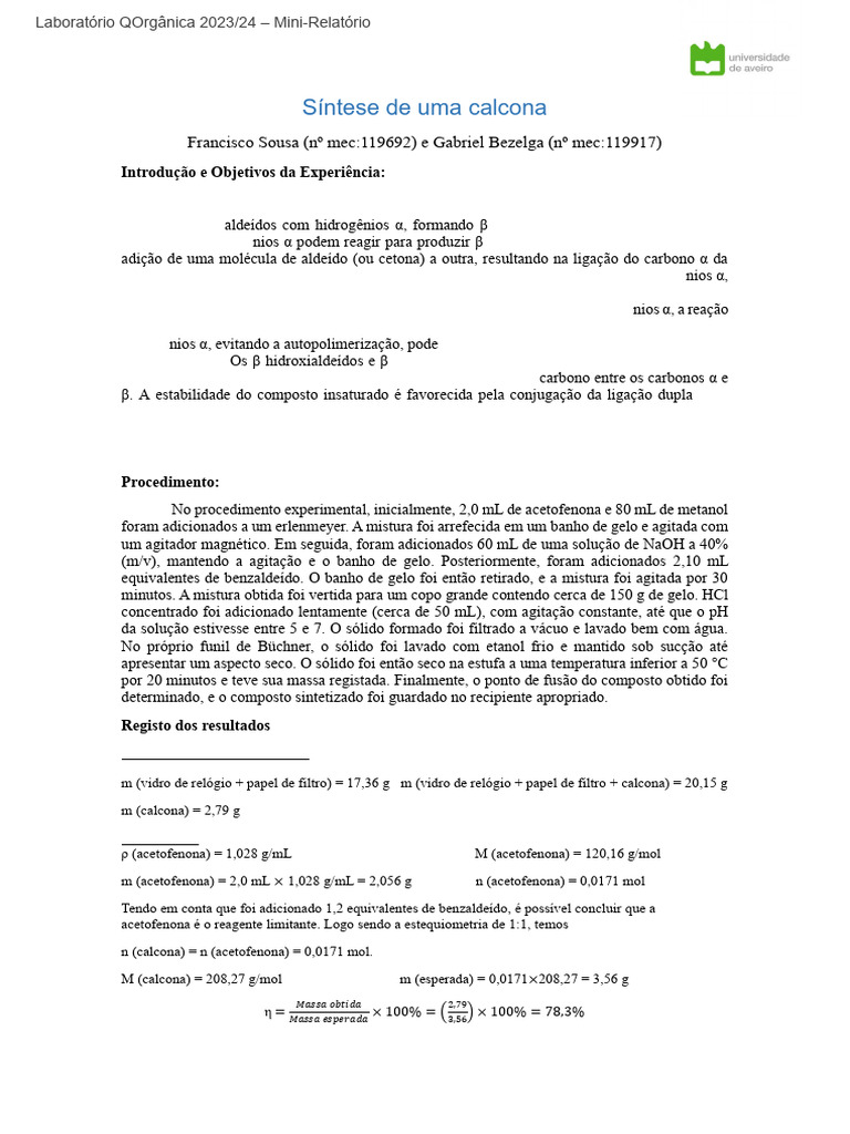 Síntese de Calcona por Condensação Aldólica | PDF | Aldeído | Cetona