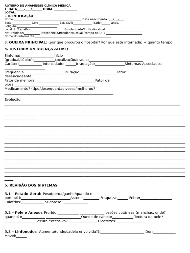Roteiro Completo de Anamnese Médica | PDF | Família | Doenças e distúrbios