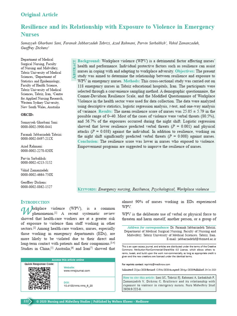 Resilience and Workplace Violence in Nurses | PDF | Psychological ...