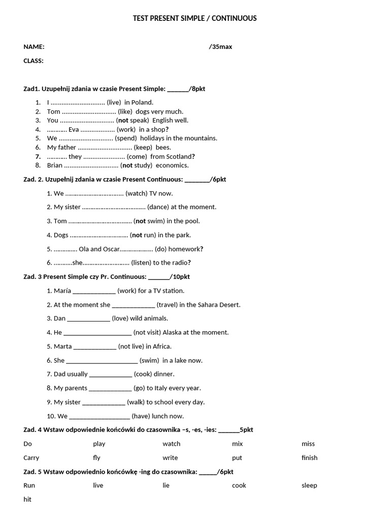 Test Present Simple Continuous | PDF